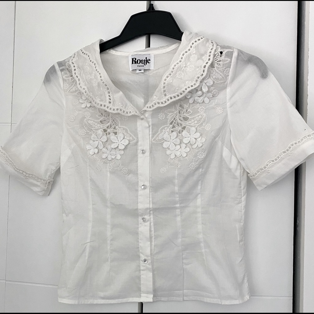 Rouje Alvaro Top Sz S 36 White Embroidered Button